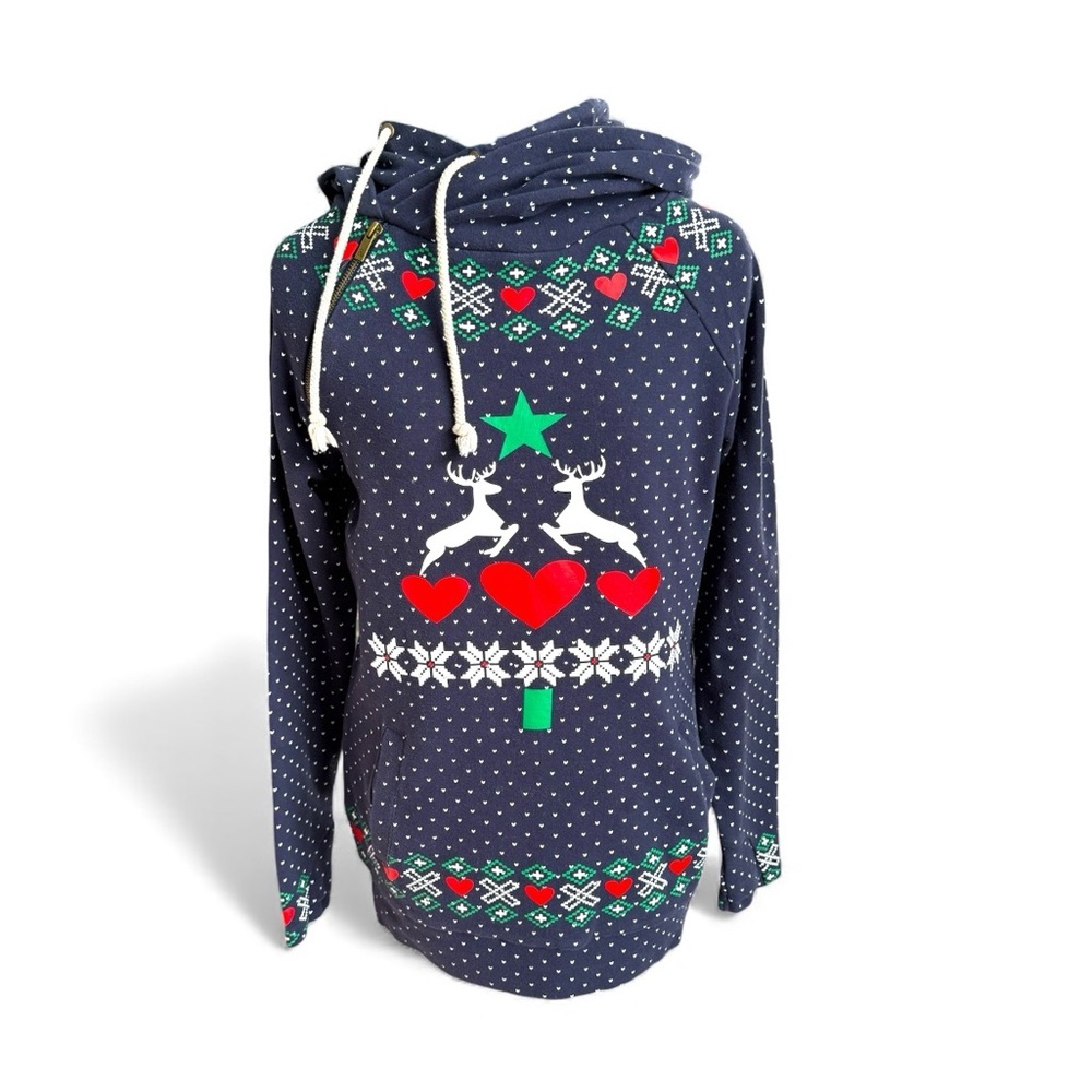 AMPERSAND AVE Navy Hoodie with Reindeer and Heart Design